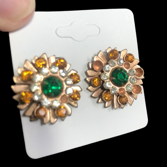 Vintage 50s 60s Green Orange Clear Rhinestone Earrings Screw Clip On Flowers - Picture 1 of 4